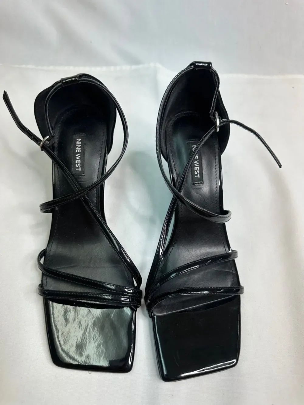 Nine West Black Patent Strappy Square Toe Ankle Wrap Heels